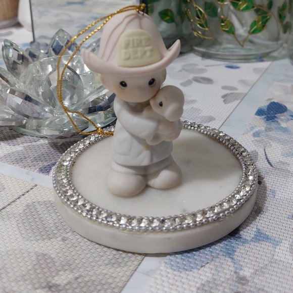 VINTAGE Precious Moments Samuel J Butcher Holding Doggie Ornament Cute Beautiful - Picture 1 of 4